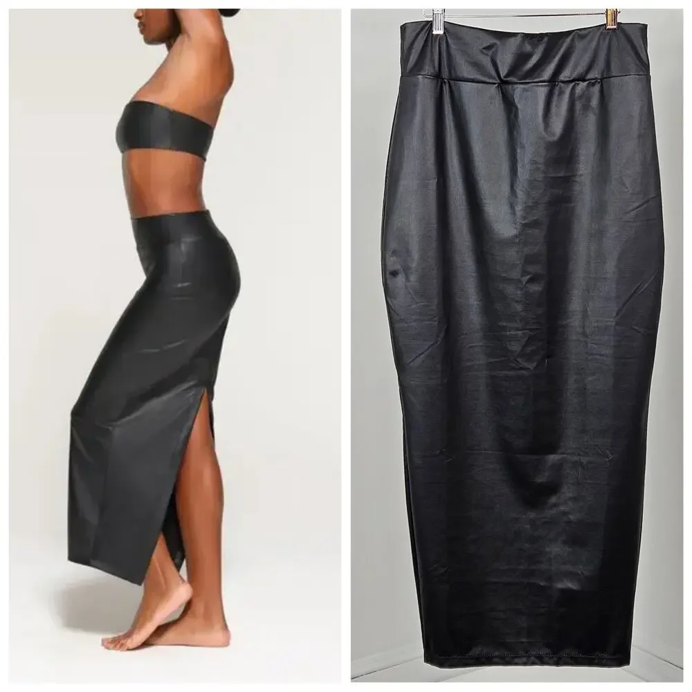 Skims Faux Leather Skirt Swim Cover-Up Long Black |‎ Women's XL | MINOR FLAWS